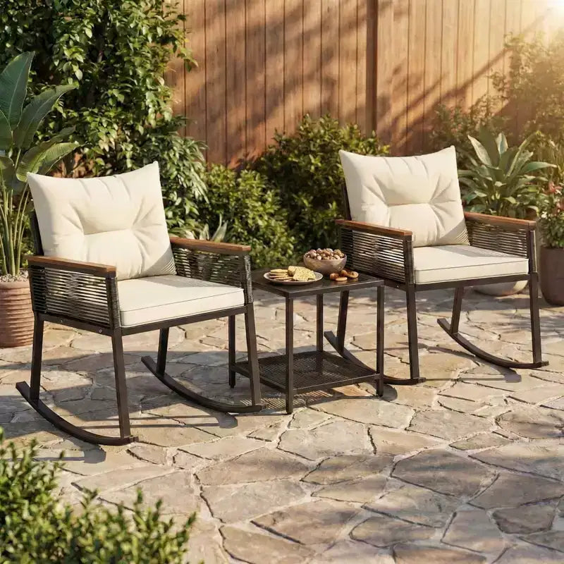 Gymax 3-Piece Outdoor Rocking Bistro Set w/ 2-Tier Tempered Glass Coffee Table & Cushions for Patio & Garden