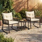 Gymax 3-Piece Outdoor Rocking Bistro Set w/ 2-Tier Tempered Glass Coffee Table & Cushions for Patio & Garden