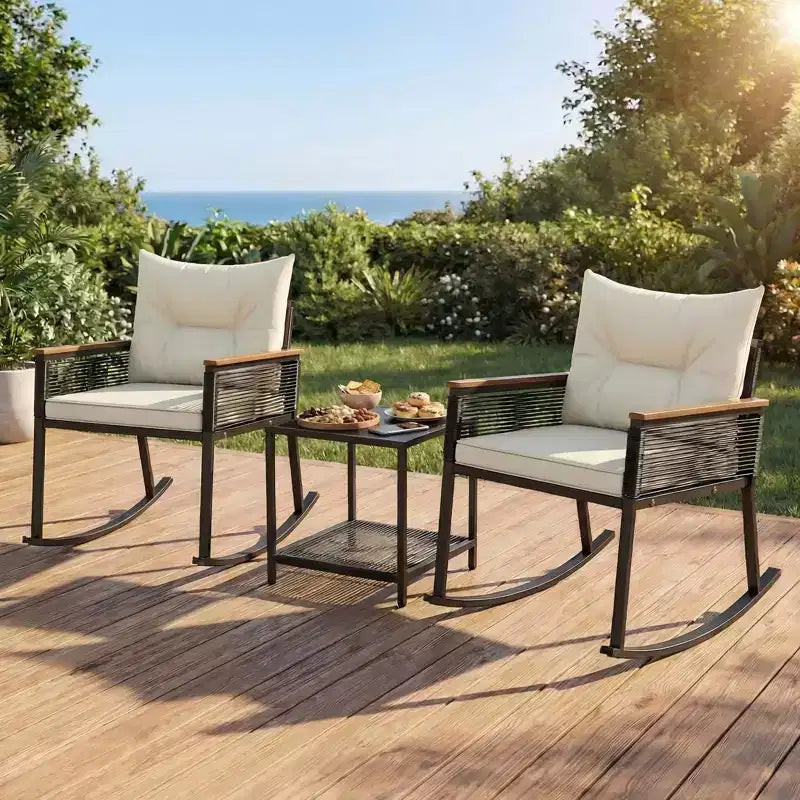 Gymax 3-Piece Outdoor Rocking Bistro Set w/ 2-Tier Tempered Glass Coffee Table & Cushions for Patio & Garden
