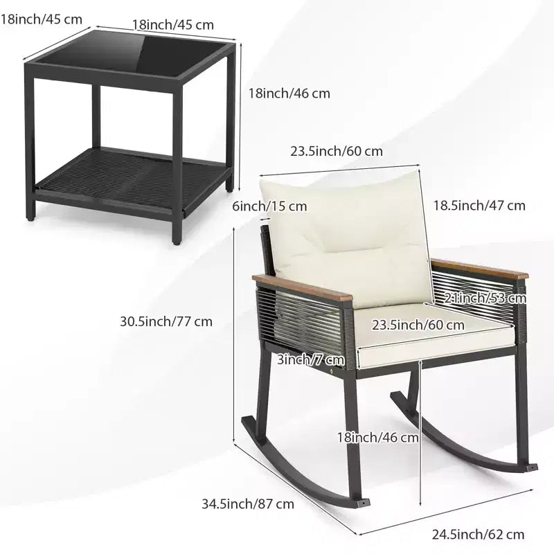 Gymax 3-Piece Outdoor Rocking Bistro Set w/ 2-Tier Tempered Glass Coffee Table & Cushions for Patio & Garden