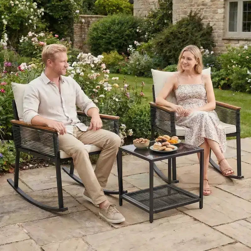 Gymax 3-Piece Outdoor Rocking Bistro Set w/ 2-Tier Tempered Glass Coffee Table & Cushions for Patio & Garden