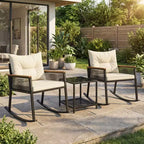 Gymax 3-Piece Outdoor Rocking Bistro Set w/ 2-Tier Tempered Glass Coffee Table & Cushions for Patio & Garden