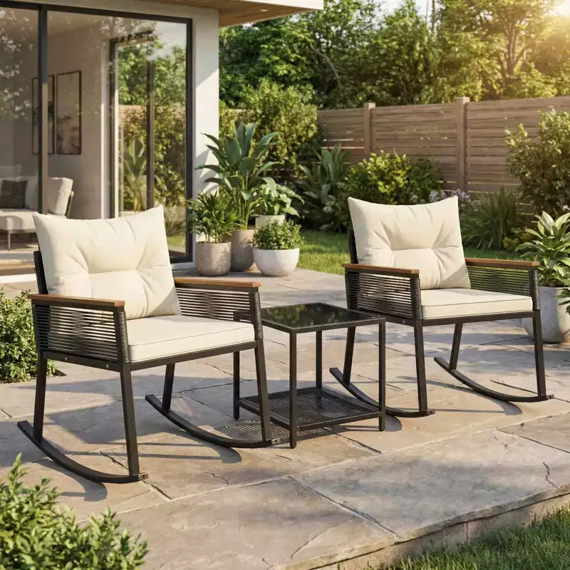 Gymax 3-Piece Outdoor Rocking Bistro Set w/ 2-Tier Tempered Glass Coffee Table & Cushions for Patio & Garden