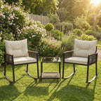 Gymax 3-Piece Outdoor Rocking Bistro Set w/ 2-Tier Tempered Glass Coffee Table & Cushions for Patio & Garden