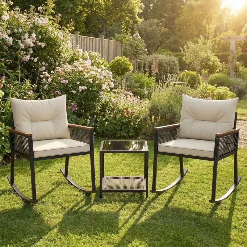 Gymax 3-Piece Outdoor Rocking Bistro Set w/ 2-Tier Tempered Glass Coffee Table & Cushions for Patio & Garden