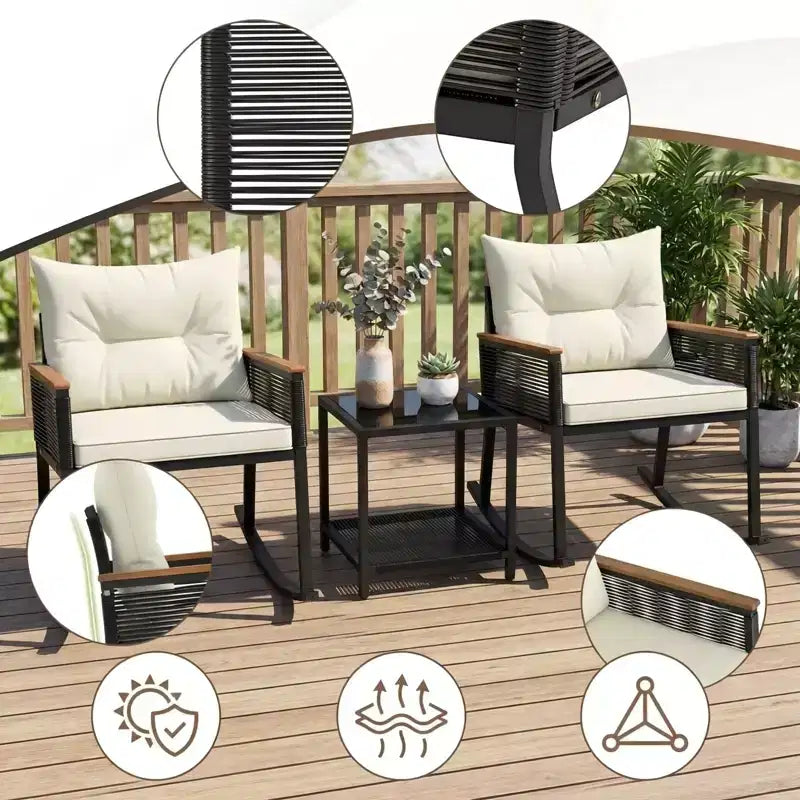 Gymax 3-Piece Outdoor Rocking Bistro Set w/ 2-Tier Tempered Glass Coffee Table & Cushions for Patio & Garden