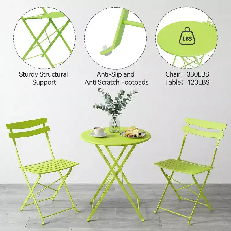 3-Piece Folding Patio Bistro Set,Metal Indoor/Outdoor Furniture Table & 2 Chairs,No Assembly Needed, Perfect for Balcony, Yard & Garden