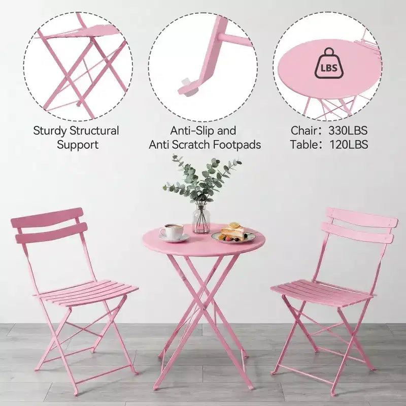 3-Piece Folding Patio Bistro Set,Metal Indoor/Outdoor Furniture Table & 2 Chairs,No Assembly Needed, Perfect for Balcony, Yard & Garden