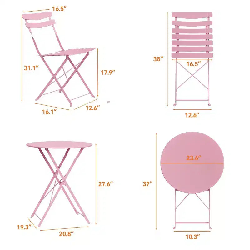 3-Piece Folding Patio Bistro Set,Metal Indoor/Outdoor Furniture Table & 2 Chairs,No Assembly Needed, Perfect for Balcony, Yard & Garden