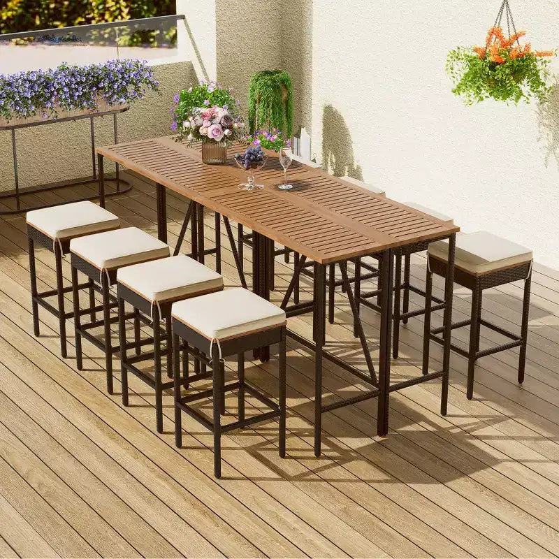 ModernLuxe 5/10-Piece Outdoor Bar Height Dining Set, Acacia Wood Foldable Table & Cushioned Stools, All-Weather Patio Bistro Set, Brown