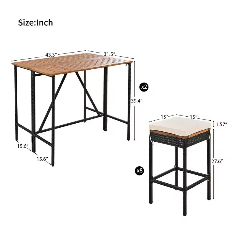 ModernLuxe 5/10-Piece Outdoor Bar Height Dining Set, Acacia Wood Foldable Table & Cushioned Stools, All-Weather Patio Bistro Set, Brown