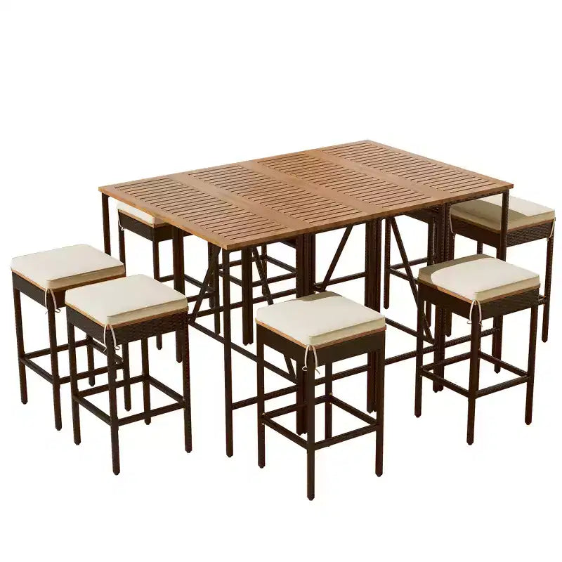 ModernLuxe 5/10-Piece Outdoor Bar Height Dining Set, Acacia Wood Foldable Table & Cushioned Stools, All-Weather Patio Bistro Set, Brown