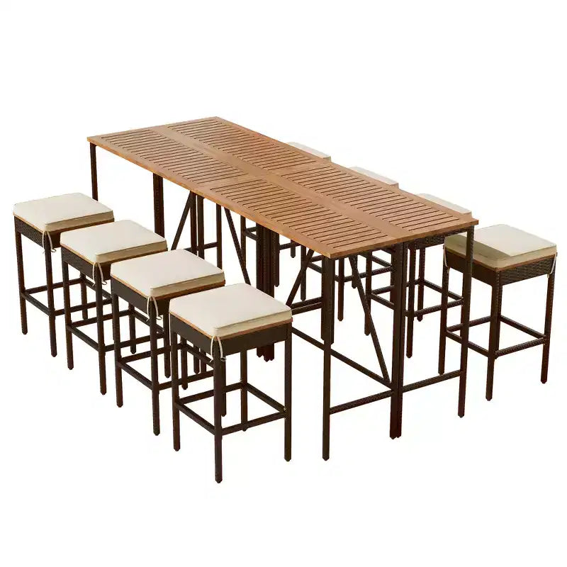 ModernLuxe 5/10-Piece Outdoor Bar Height Dining Set, Acacia Wood Foldable Table & Cushioned Stools, All-Weather Patio Bistro Set, Brown
