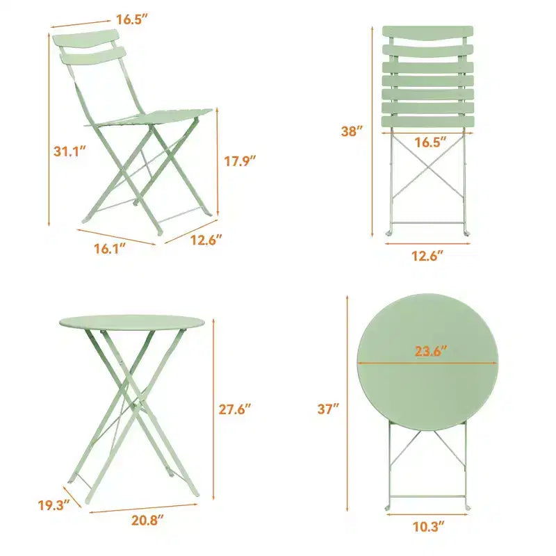 3-Piece Metal Patio Bistro Set, Folding 2-Chair & Table Kit, Ready-to-Use Outdoor Furniture for Small Spaces