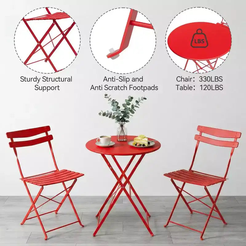 3-Piece Metal Patio Bistro Set, Folding 2-Chair & Table Kit, Ready-to-Use Outdoor Furniture for Small Spaces