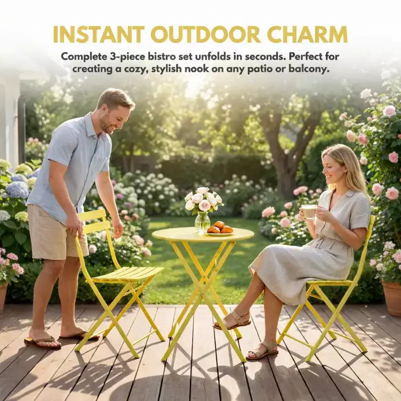 3-Piece Folding Patio Bistro Set, Outdoor Metal Table and Chairs Set, Space-Saving Balcony Furniture, Weather-Resistant, White