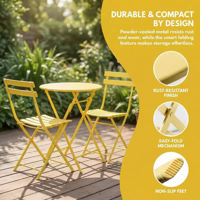 3-Piece Folding Patio Bistro Set, Outdoor Metal Table and Chairs Set, Space-Saving Balcony Furniture, Weather-Resistant, White