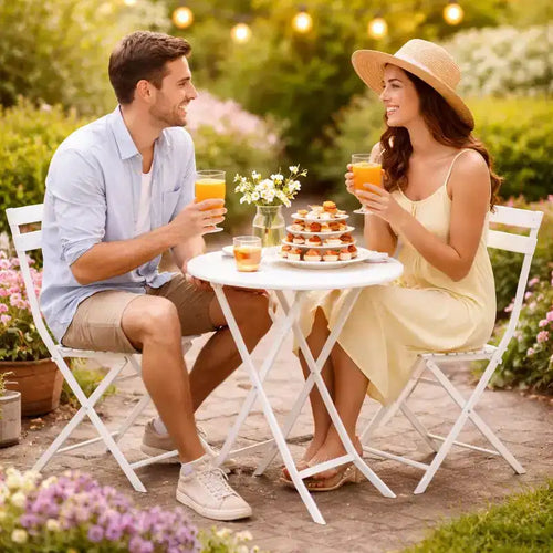3-Piece Folding Patio Bistro Set, Outdoor Metal Table and Chairs Set, Space-Saving Balcony Furniture, Weather-Resistant, White