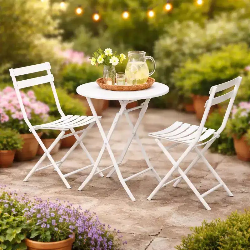 3-Piece Folding Patio Bistro Set, Outdoor Metal Table and Chairs Set, Space-Saving Balcony Furniture, Weather-Resistant, White