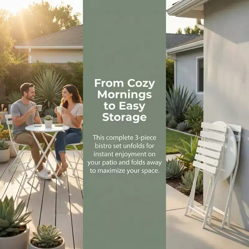 3-Piece Folding Patio Bistro Set, Outdoor Metal Table and Chairs Set, Space-Saving Balcony Furniture, Weather-Resistant, White