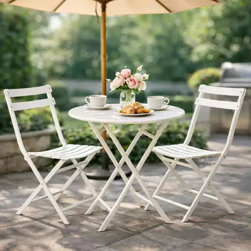 3-Piece Folding Patio Bistro Set, Outdoor Metal Table and Chairs Set, Space-Saving Balcony Furniture, Weather-Resistant, White