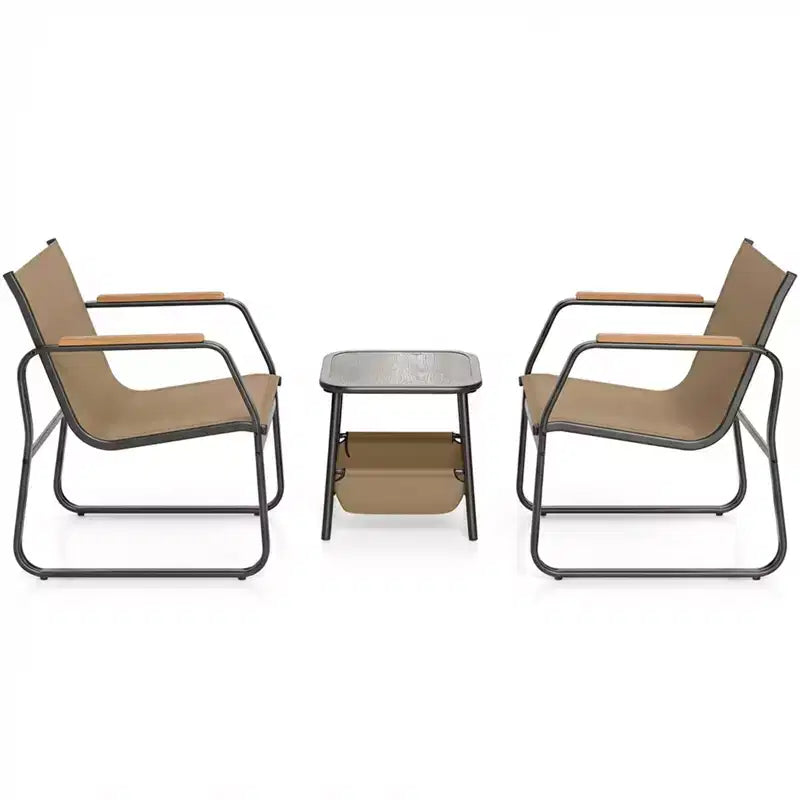 Gymax 3 PC Patio Furniture Set w/ Breathable Mesh Fabric Heavy-Duty Metal Frame Adjustable Feet Storage Side Table for Garden Balcony Patio