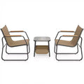 Gymax 3 PC Patio Furniture Set w/ Breathable Mesh Fabric Heavy-Duty Metal Frame Adjustable Feet Storage Side Table for Garden Balcony Patio