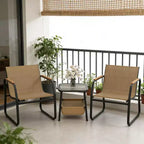 Gymax 3 PC Patio Furniture Set w/ Breathable Mesh Fabric Heavy-Duty Metal Frame Adjustable Feet Storage Side Table for Garden Balcony Patio