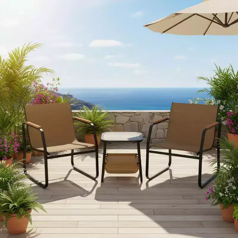 Gymax 3 PC Patio Furniture Set w/ Breathable Mesh Fabric Heavy-Duty Metal Frame Adjustable Feet Storage Side Table for Garden Balcony Patio