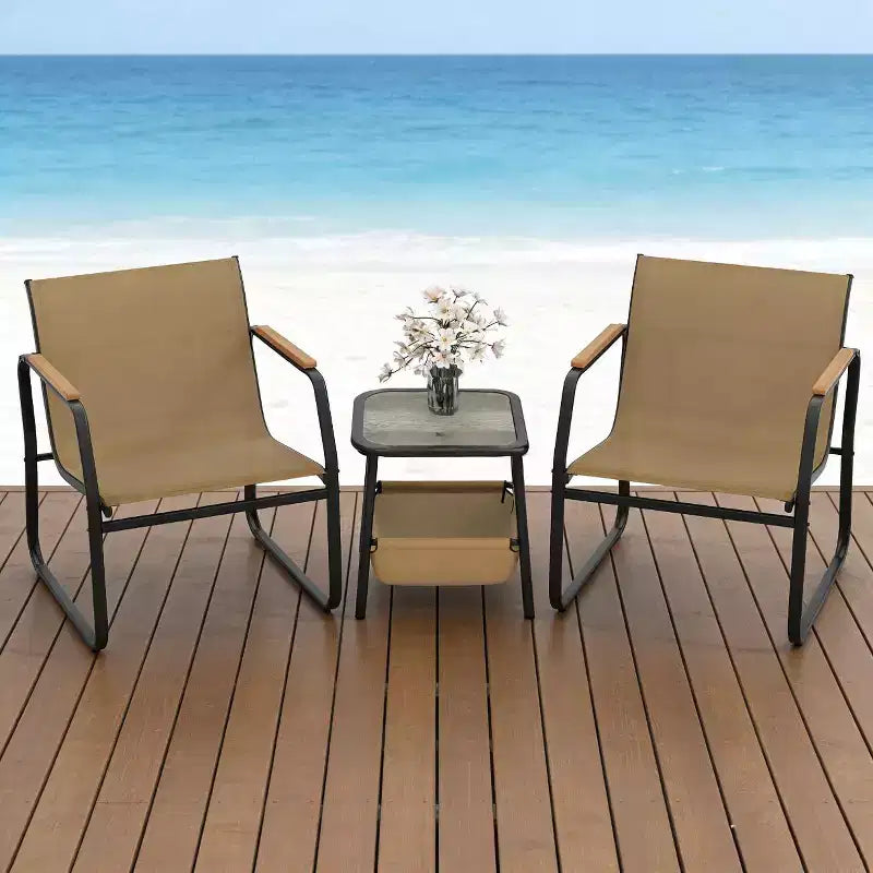 Gymax 3 PC Patio Furniture Set w/ Breathable Mesh Fabric Heavy-Duty Metal Frame Adjustable Feet Storage Side Table for Garden Balcony Patio