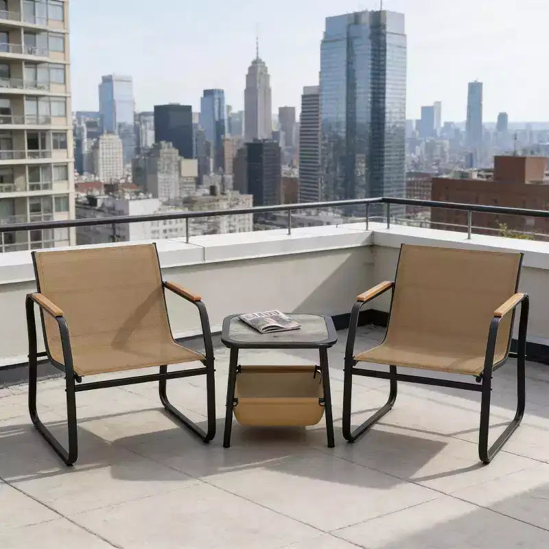 Gymax 3 PC Patio Furniture Set w/ Breathable Mesh Fabric Heavy-Duty Metal Frame Adjustable Feet Storage Side Table for Garden Balcony Patio
