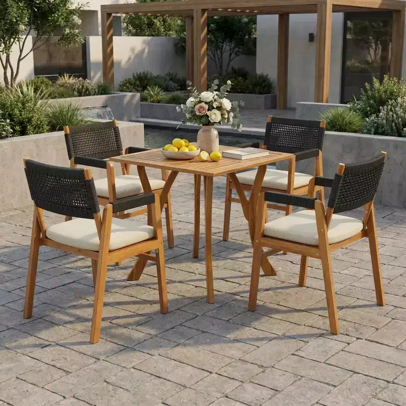 ModernLuxe Outdoor Dining Sets, Acacia Wood 5pcs Patio Bistro Set, Conversation Chat Set with Accent Armchairs