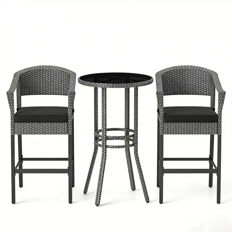 Gymax 3 Pieces Outdoor Bar Set Patio Wicker Round Bar Height Table & Armchairs w/ Tempered Glass Surface & Cushions