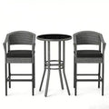 Gymax 3 Pieces Outdoor Bar Set Patio Wicker Round Bar Height Table & Armchairs w/ Tempered Glass Surface & Cushions