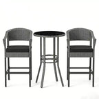 Gymax 3 Pieces Outdoor Bar Set Patio Wicker Round Bar Height Table & Armchairs w/ Tempered Glass Surface & Cushions
