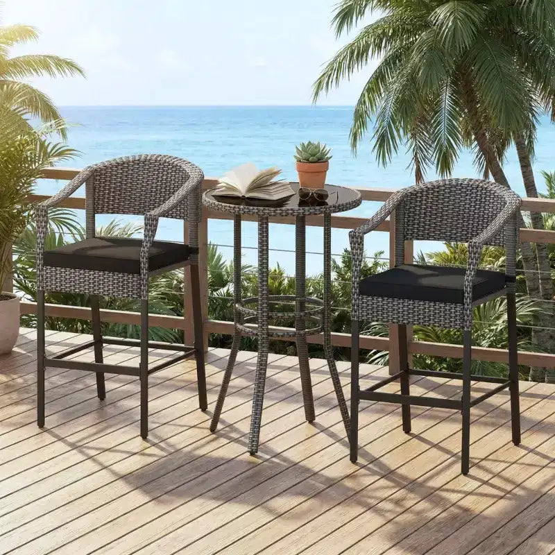 Gymax 3 Pieces Outdoor Bar Set Patio Wicker Round Bar Height Table & Armchairs w/ Tempered Glass Surface & Cushions