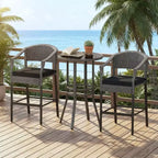 Gymax 3 Pieces Outdoor Bar Set Patio Wicker Round Bar Height Table & Armchairs w/ Tempered Glass Surface & Cushions