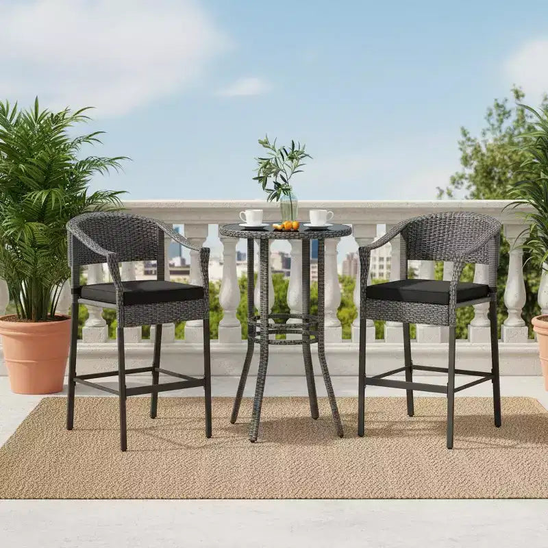 Gymax 3 Pieces Outdoor Bar Set Patio Wicker Round Bar Height Table & Armchairs w/ Tempered Glass Surface & Cushions