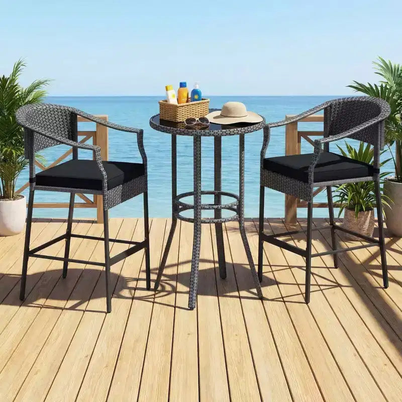 Gymax 3 Pieces Outdoor Bar Set Patio Wicker Round Bar Height Table & Armchairs w/ Tempered Glass Surface & Cushions