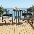 Gymax 3 Pieces Outdoor Bar Set Patio Wicker Round Bar Height Table & Armchairs w/ Tempered Glass Surface & Cushions