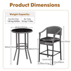 Gymax 3 Pieces Outdoor Bar Set Patio Wicker Round Bar Height Table & Armchairs w/ Tempered Glass Surface & Cushions