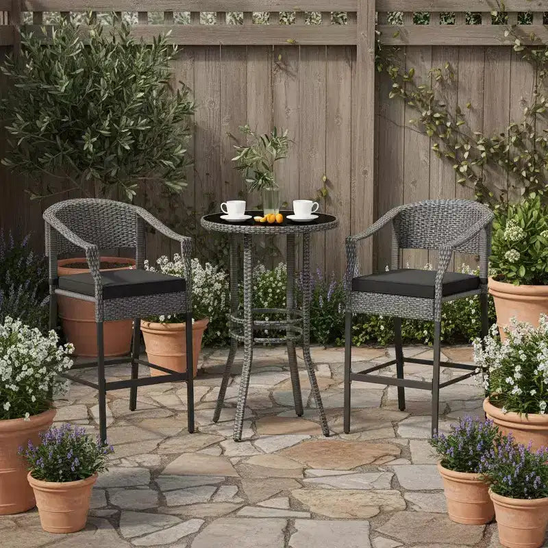 Gymax 3 Pieces Outdoor Bar Set Patio Wicker Round Bar Height Table & Armchairs w/ Tempered Glass Surface & Cushions