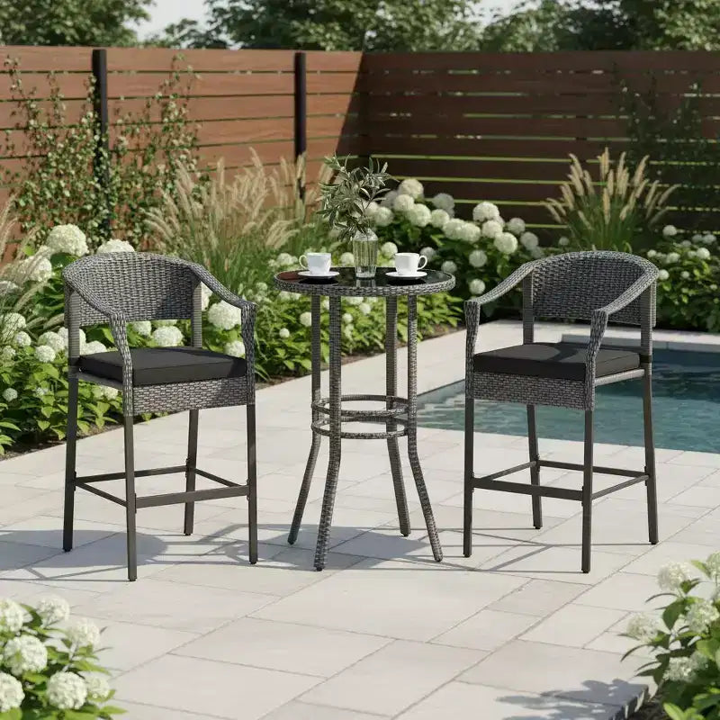 Gymax 3 Pieces Outdoor Bar Set Patio Wicker Round Bar Height Table & Armchairs w/ Tempered Glass Surface & Cushions