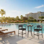 Gymax 3 Pieces Outdoor Bar Set Patio Wicker Round Bar Height Table & Armchairs w/ Tempered Glass Surface & Cushions