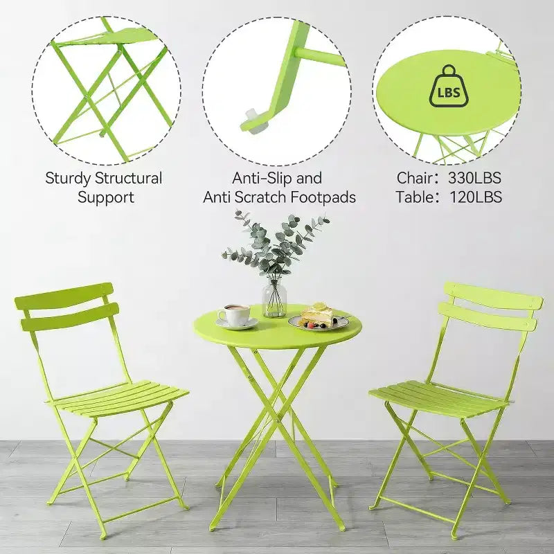 GustoWave 3-Piece Foldable Metal Bistro Set With Round Table, 2 Chairs