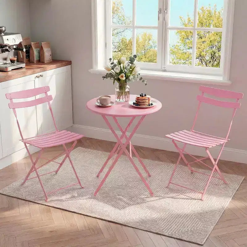GustoWave 3-Piece Foldable Metal Bistro Set With Round Table, 2 Chairs