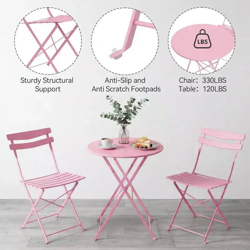GustoWave 3-Piece Foldable Metal Bistro Set With Round Table, 2 Chairs
