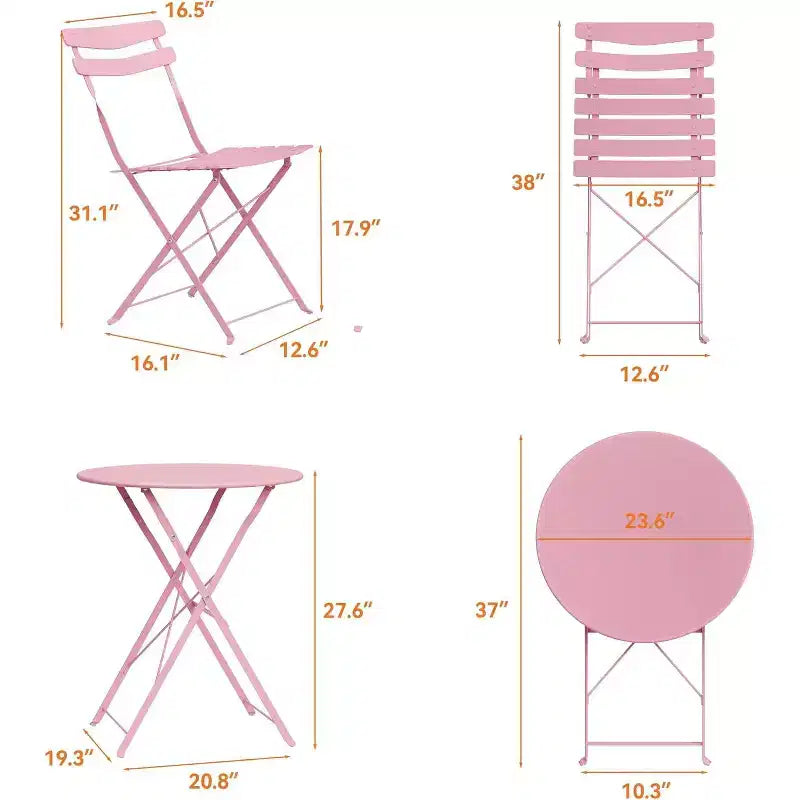 GustoWave 3-Piece Foldable Metal Bistro Set With Round Table, 2 Chairs