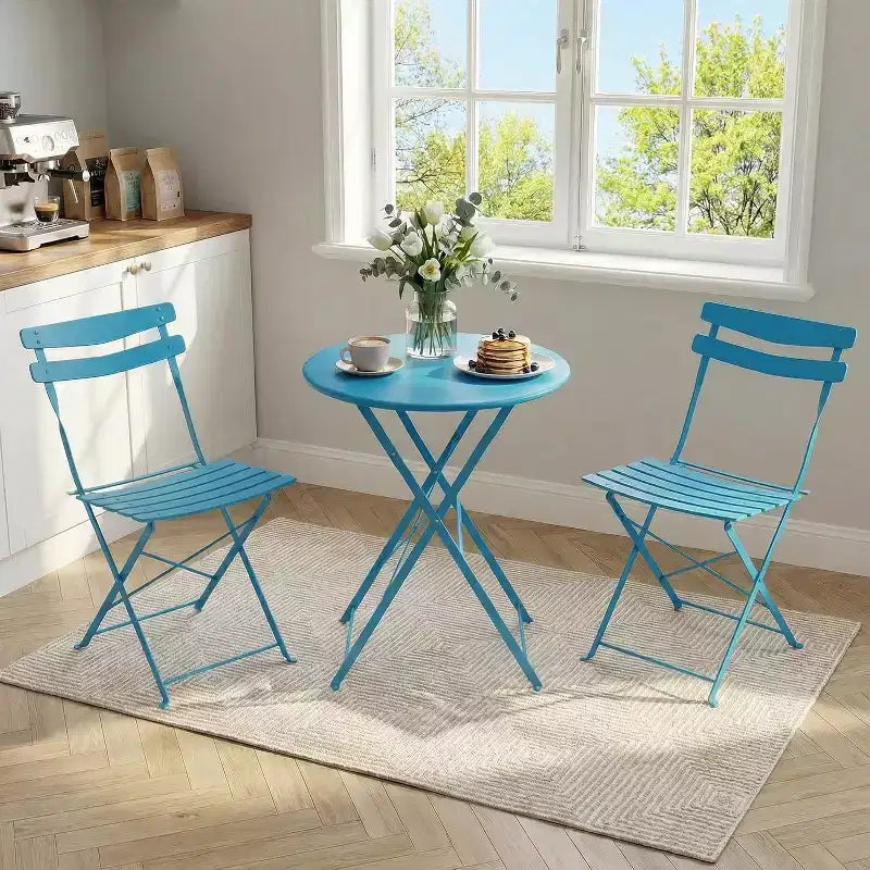 GustoWave 3-Piece Foldable Metal Bistro Set With Round Table, 2 Chairs