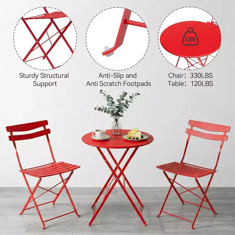 GustoWave 3-Piece Foldable Metal Bistro Set With Round Table, 2 Chairs